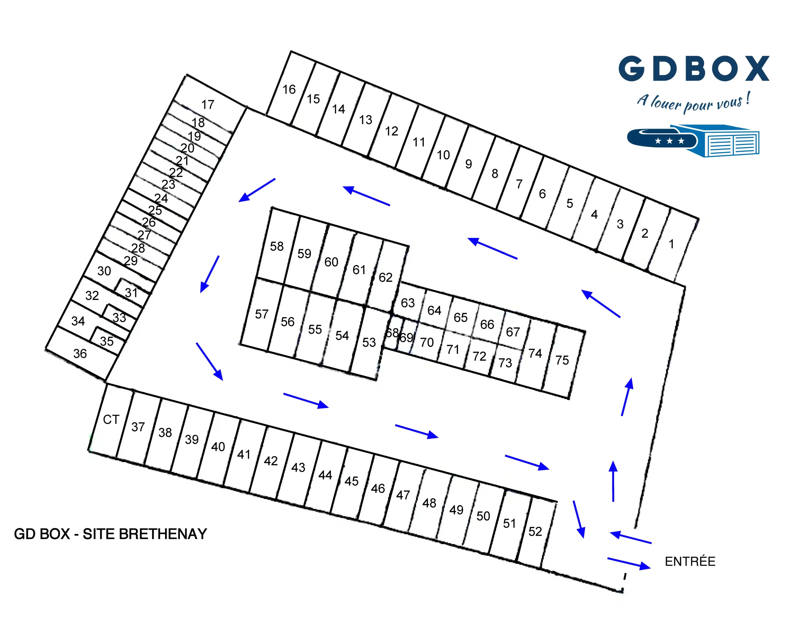Plan du site G D BOX Damparis, avec dimensions des allées et sens de circulation.